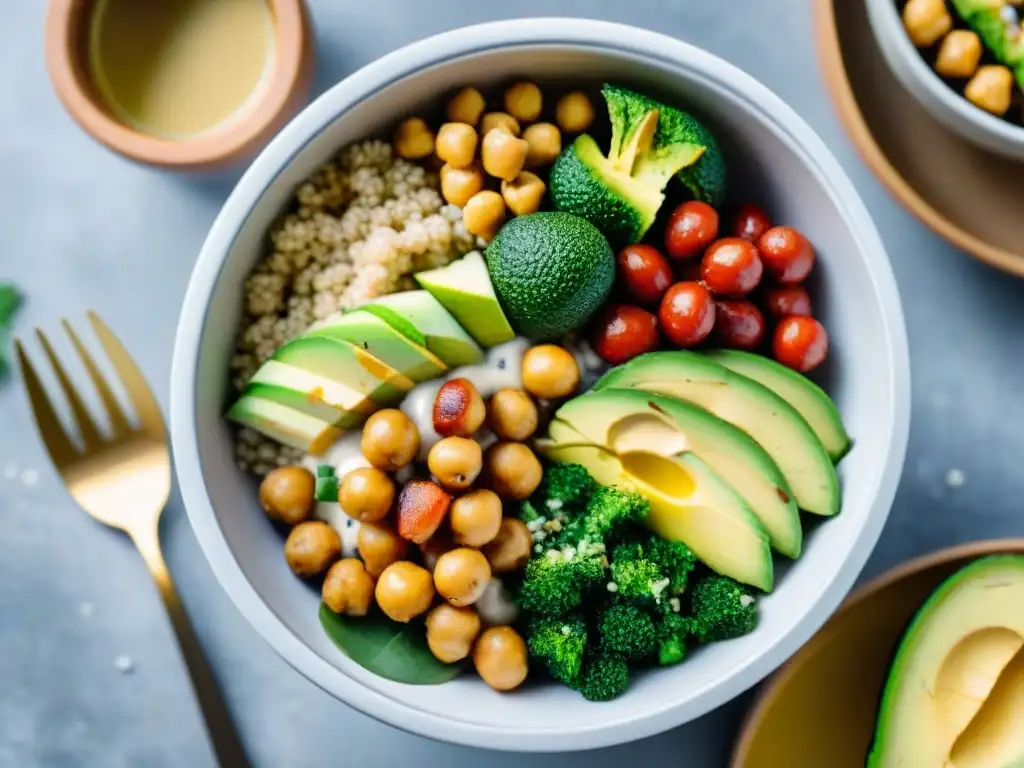 Un Buddha bowl vibrante con ingredientes coloridos en una caja ecológica, ideal para recetas veganas sin gluten almuerzos