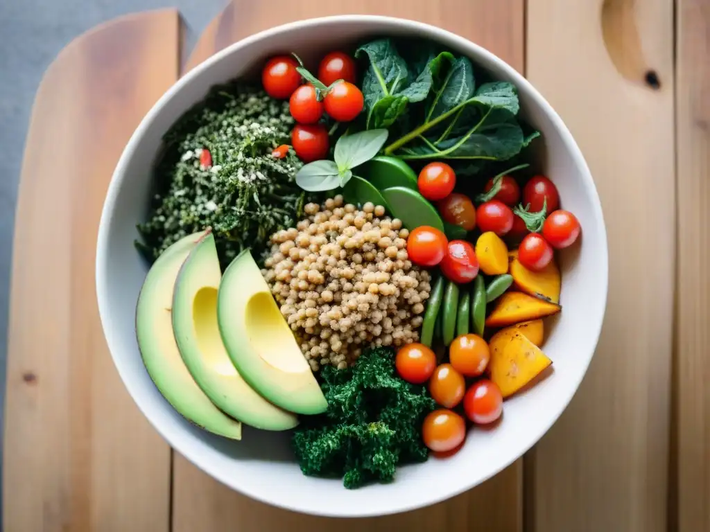 Un Buddha bowl vibrante con trigo sarraceno, vegetales frescos y aderezo de tahini, sobre fondo de madera rústica