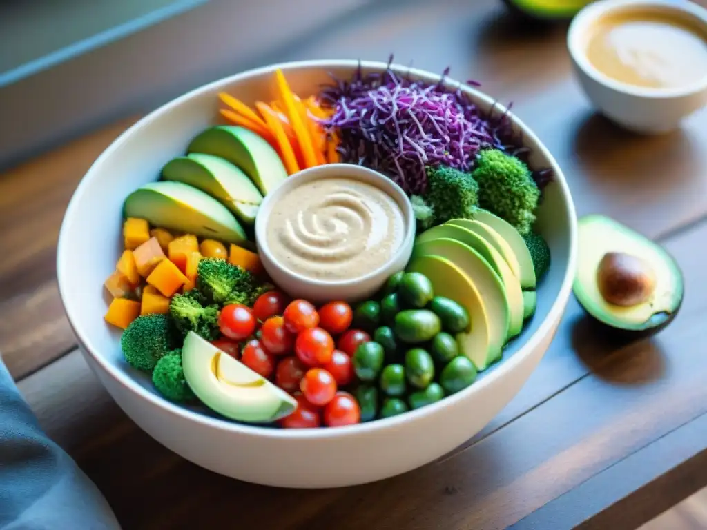 Un Buddha bowl vibrante con vegetales coloridos, aguacate, quinoa y aderezo de tahini en una mesa de madera rústica, con hierbas frescas