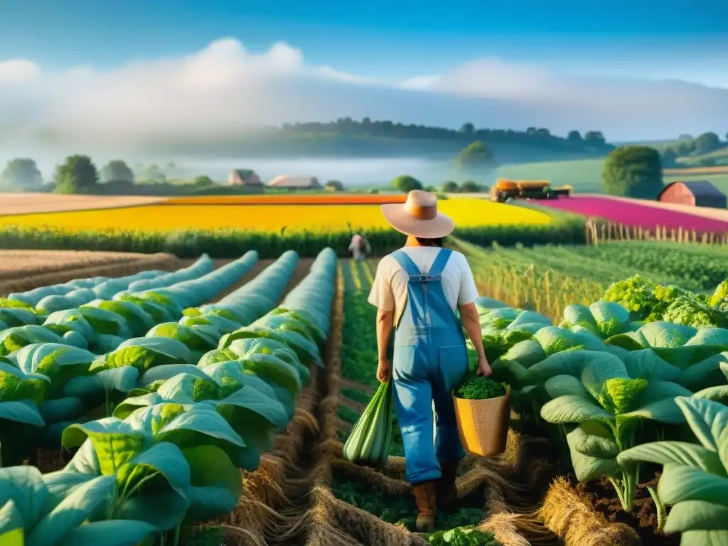 Un bullicioso campo orgánico con cosechas coloridas bajo un cielo azul