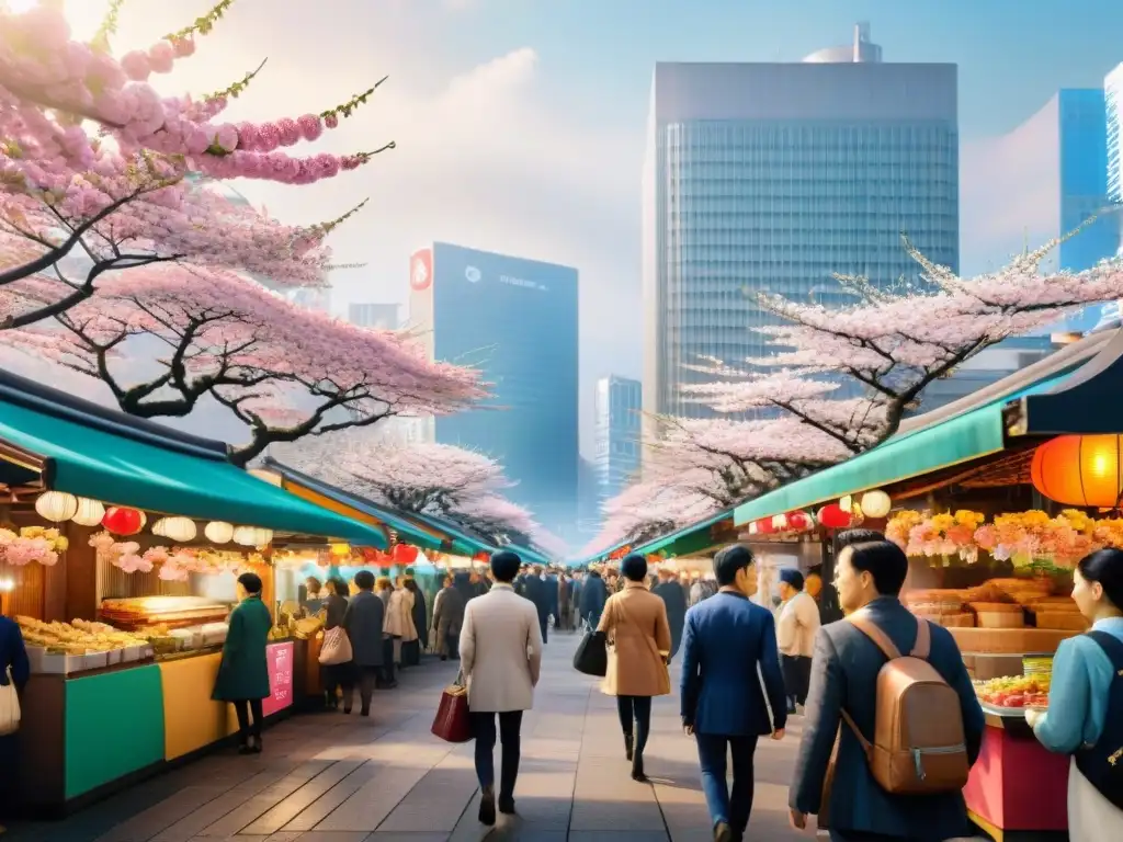 Un bullicioso Tokio sin gluten para celíacos: calles floridas, arquitectura tradicional y gente diversa disfrutando de la comida callejera