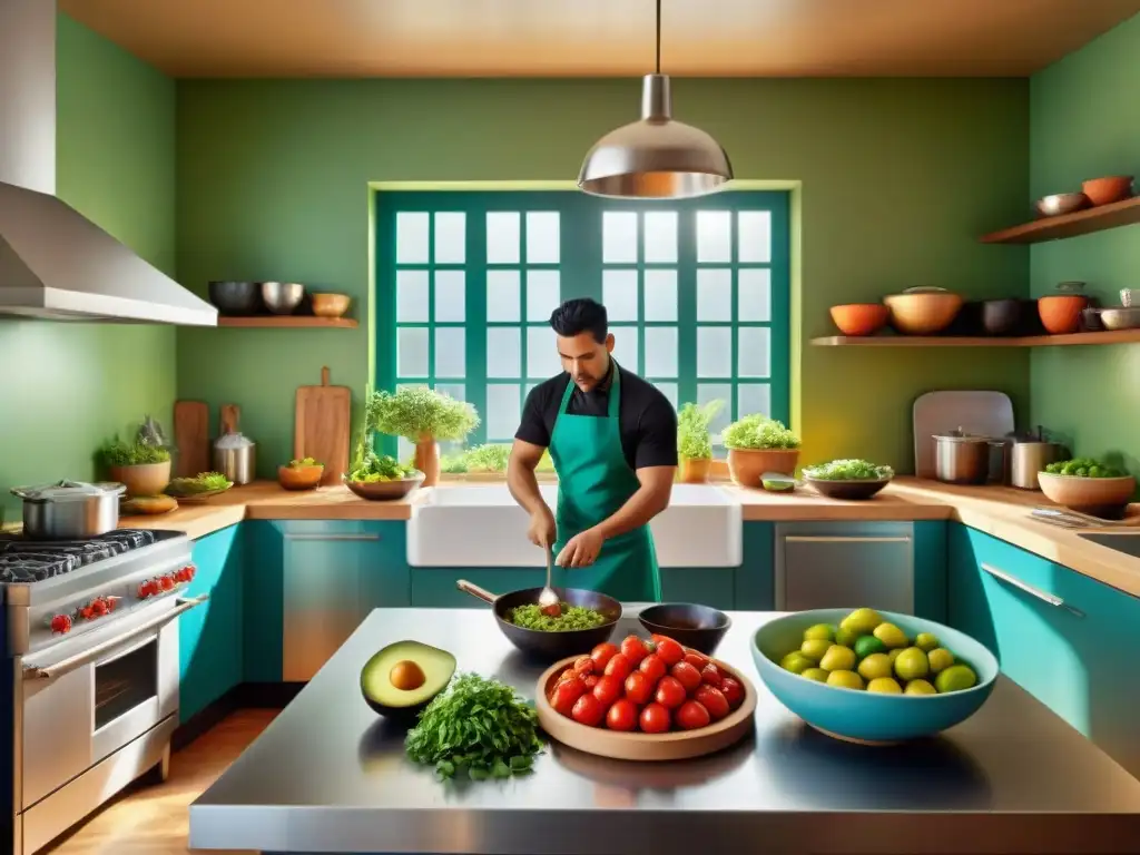 Un bullicioso cocinero preparando recetas latinas sin gluten deliciosas en una cocina vibrante