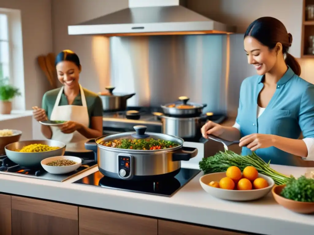 Un bullicioso escenario de cocina con chefs preparando recetas sin gluten con métodos de cocción lenta, creando una atmósfera acogedora y vibrante