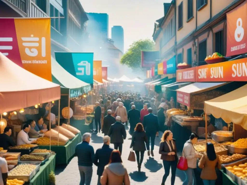 Mercado gastronómico sin gluten: alegría y variedad en un festín colorido Un bullicioso festival sin gluten sin preocupaciones, con coloridos puestos de comida y gente feliz disfrutando del ambiente festivo