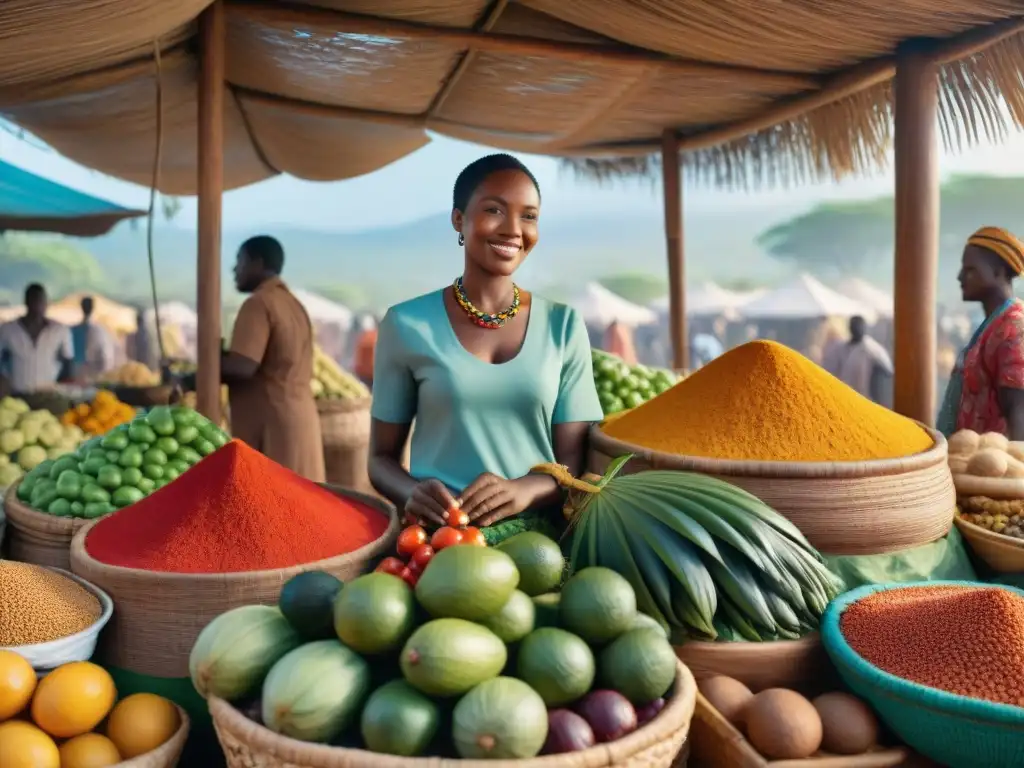 Un bullicioso mercado africano con coloridos ingredientes sin gluten, vendedores locales y una abundancia culinaria africana