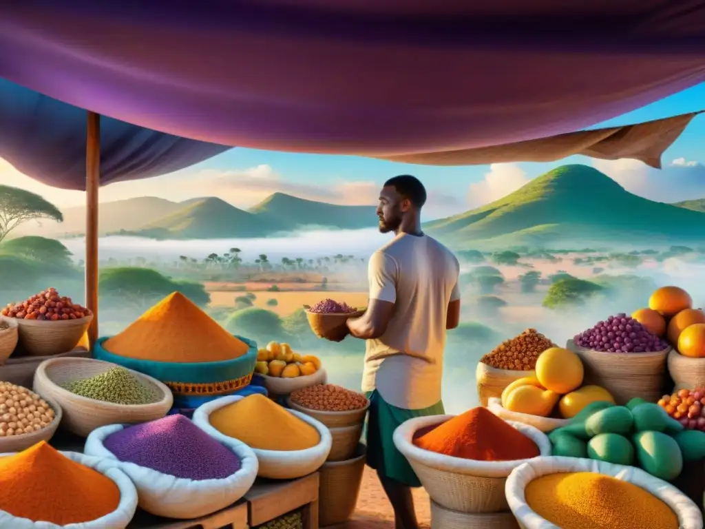 En un bullicioso mercado africano, vendedores ofrecen ingredientes frescos sin gluten bajo coloridos textiles