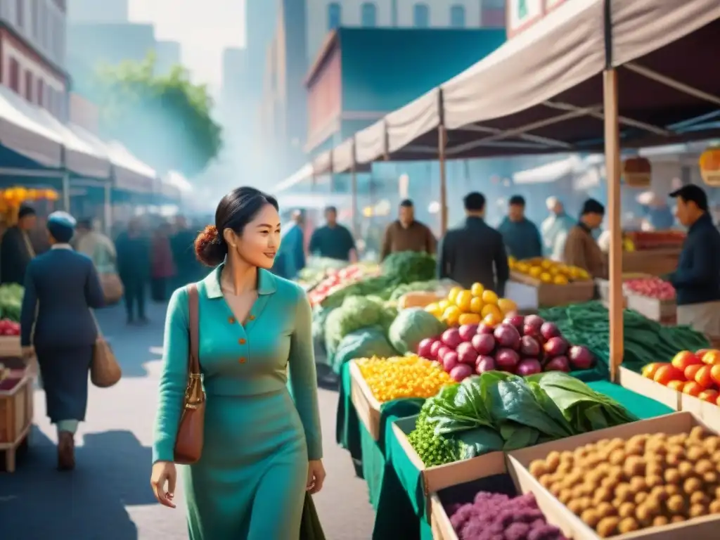 Mercado agrícola diverso con alimentos ricos en hierro Un bullicioso mercado de agricultores con frutas y verduras coloridas, ideal para una dieta sin gluten y niveles de hierro