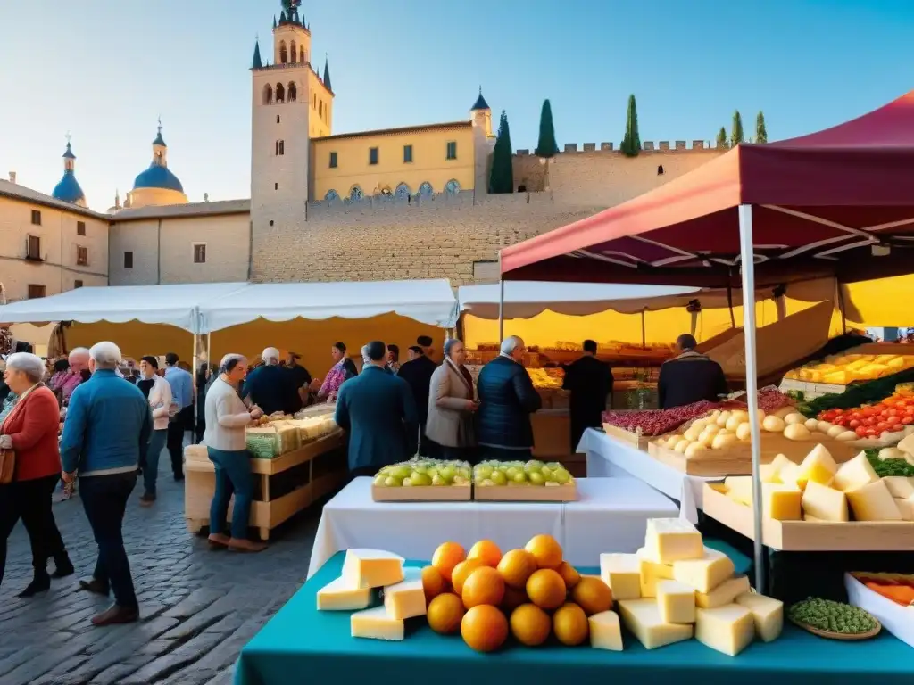 Un bullicioso mercado de agricultores en Segovia, España con productos frescos sin gluten