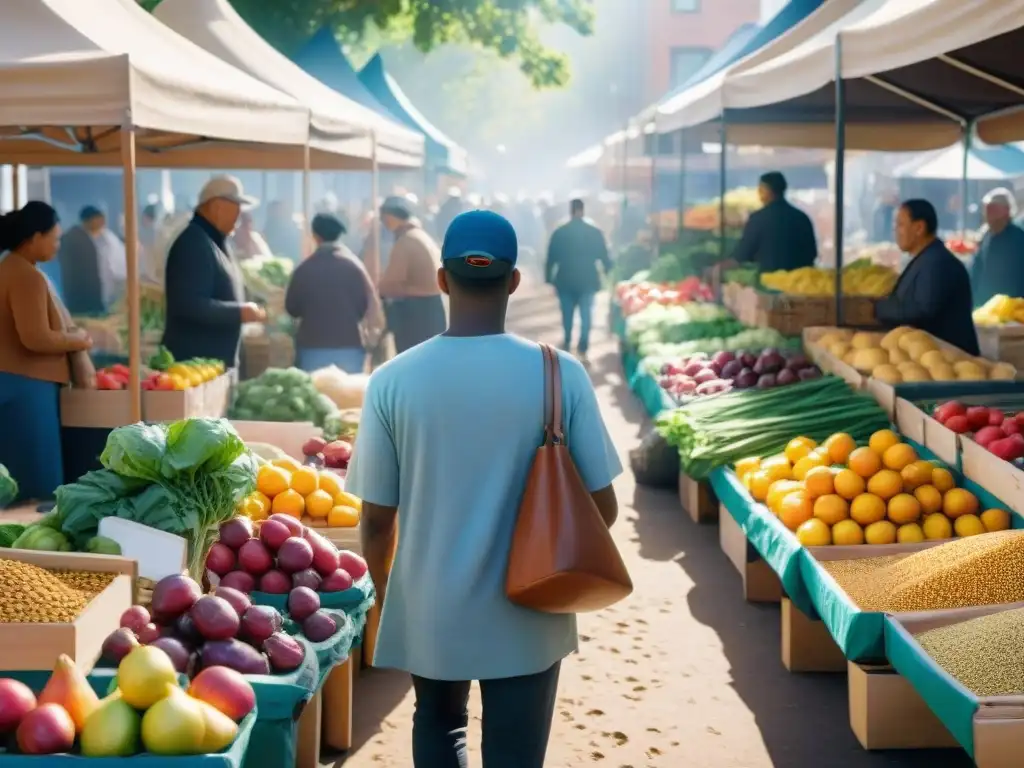 Un bullicioso mercado de agricultores con una variedad diversa de frutas, verduras y granos coloridos en exhibición