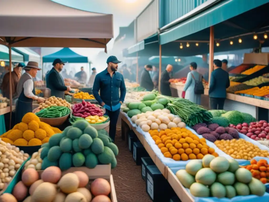 Un bullicioso mercado al aire libre en Australia con ingredientes sin gluten, frutas nativas, mariscos frescos y verduras coloridas