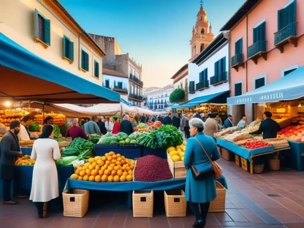 Un bullicioso mercado al aire libre en Málaga, España, repleto de puestos de alimentos frescos y sin gluten