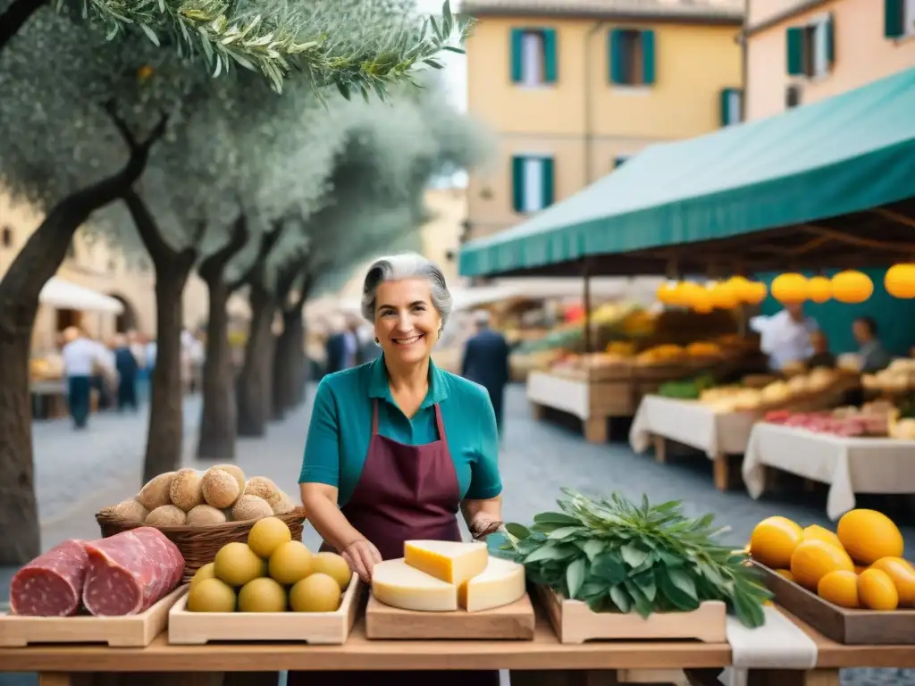 Un bullicioso mercado al aire libre en Italia, con productos frescos y coloridos, quesos locales y embutidos
