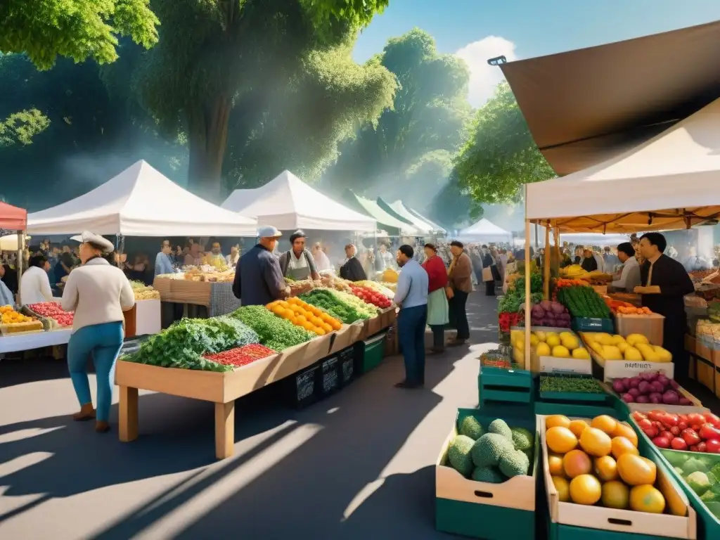 Un bullicioso mercado al aire libre con puestos de frutas, verduras y productos sin gluten