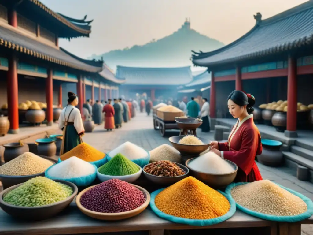 Un bullicioso mercado antiguo en China, vendedores ofrecen variedades de arroz, evocando la rica historia culinaria china