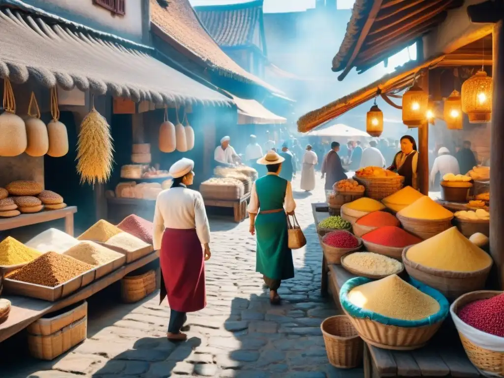 Un bullicioso mercado antiguo lleno de ingredientes históricos para panadería sin gluten como quinoa, amaranto y harina de arroz