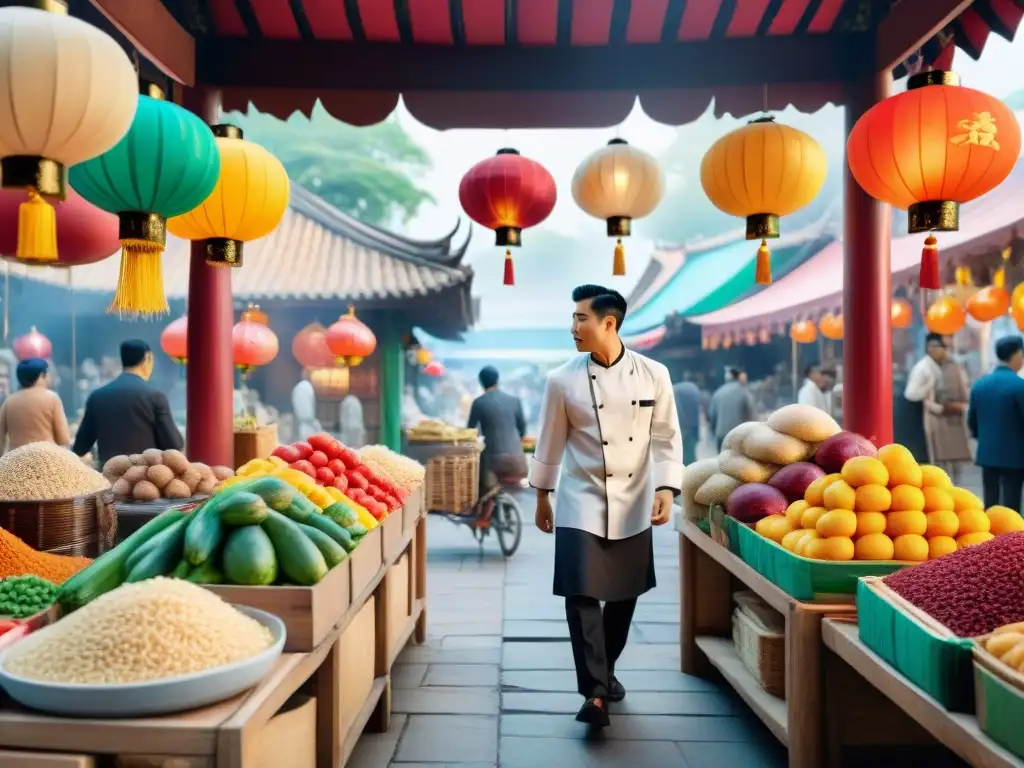 Un bullicioso mercado asiático sin gluten completo, lleno de coloridos puestos y productos frescos, rodeado de arquitectura tradicional y gente local