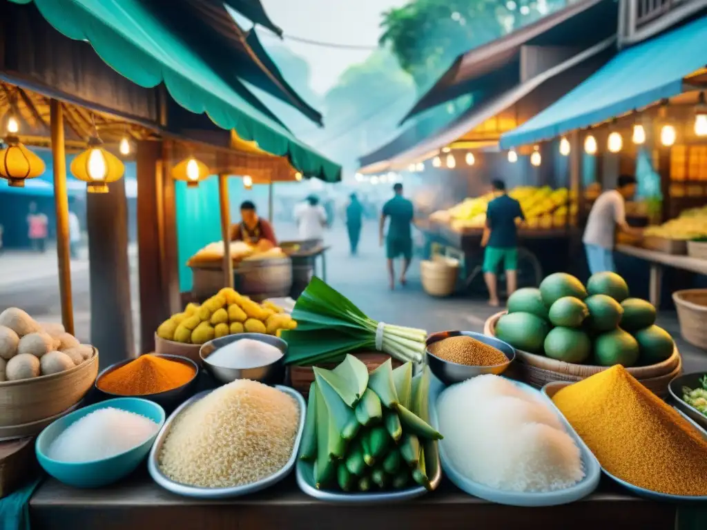 Un bullicioso mercado callejero tailandés con ingredientes tradicionales y opciones sin gluten