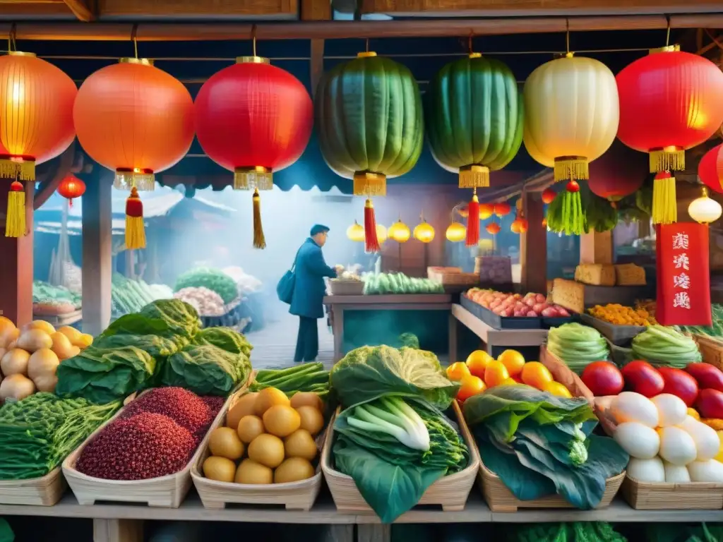 Un bullicioso mercado chino con vegetales frescos y coloridos, ideal para recetas chinas sin gluten innovadoras