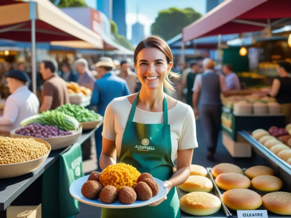 Un bullicioso mercado de comida al aire libre en Australia con coloridos puestos y deliciosas recetas sin gluten