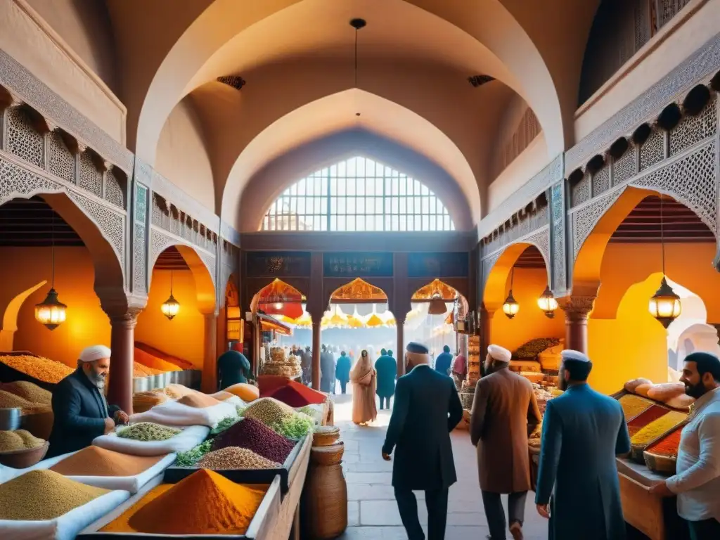 Un bullicioso mercado de especias antiguas en un bazar del Medio Oriente, con colores vibrantes y vendedores en trajes tradicionales