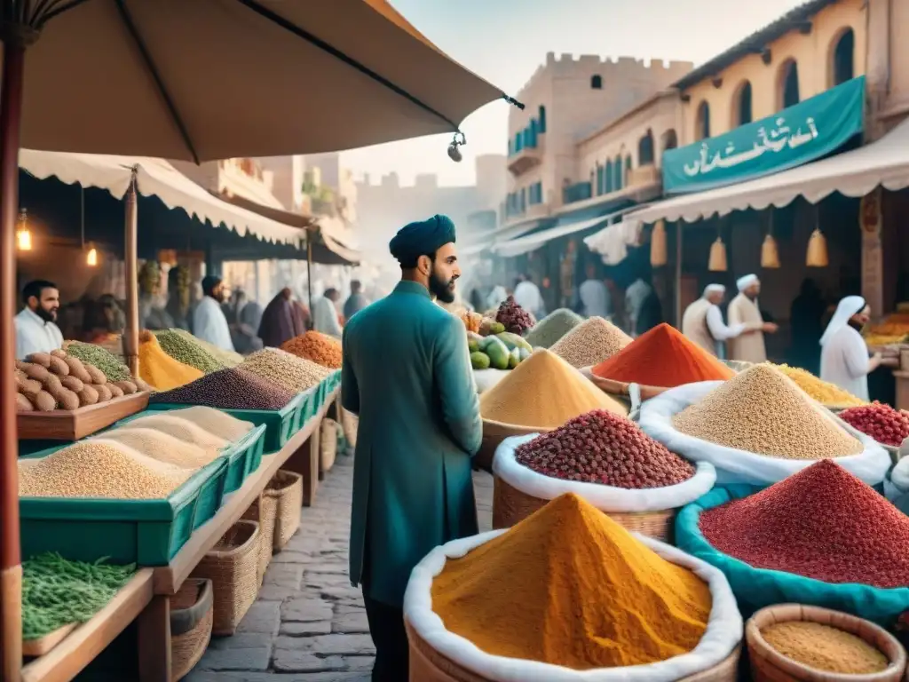 Un bullicioso mercado del Medio Oriente, con especias coloridas y frutas exóticas, y vendedores preparando cocina sin gluten en Oriente