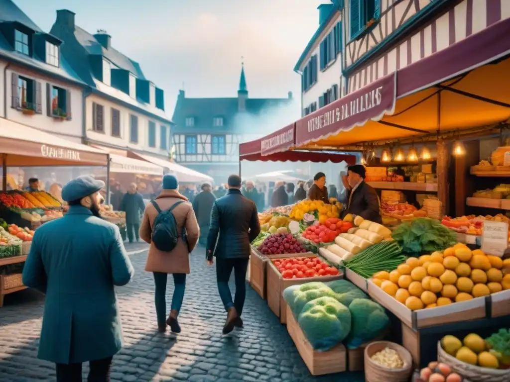 Un bullicioso mercado europeo con puestos coloridos de frutas, verduras y productos sin gluten