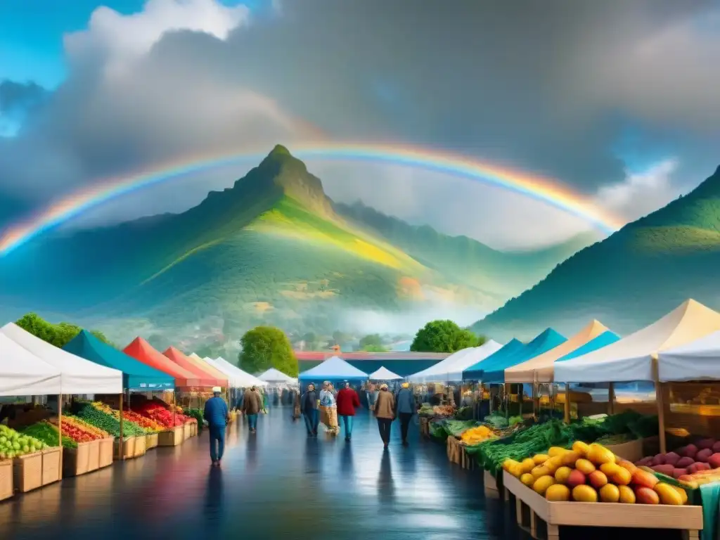 Un bullicioso mercado agrícola con frutas, verduras y granos coloridos