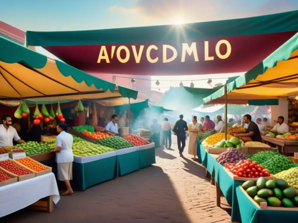 Un bullicioso mercado latino lleno de vida con recetas sin gluten fusión latina