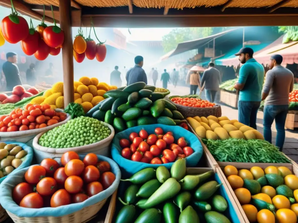 Un bullicioso mercado latino lleno de vegetales frescos y coloridos, ideal para recetas sin gluten con vegetales latinos