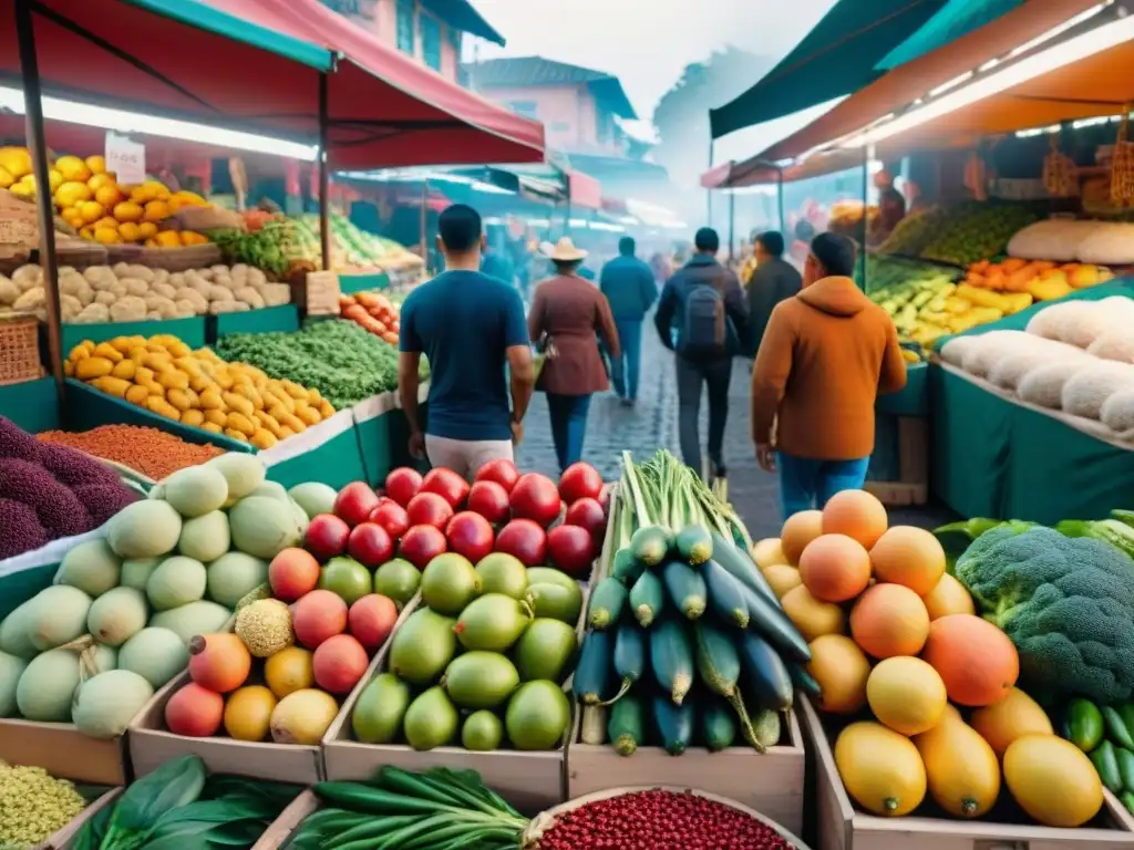 Un bullicioso mercado latino lleno de frutas, verduras y especias coloridas