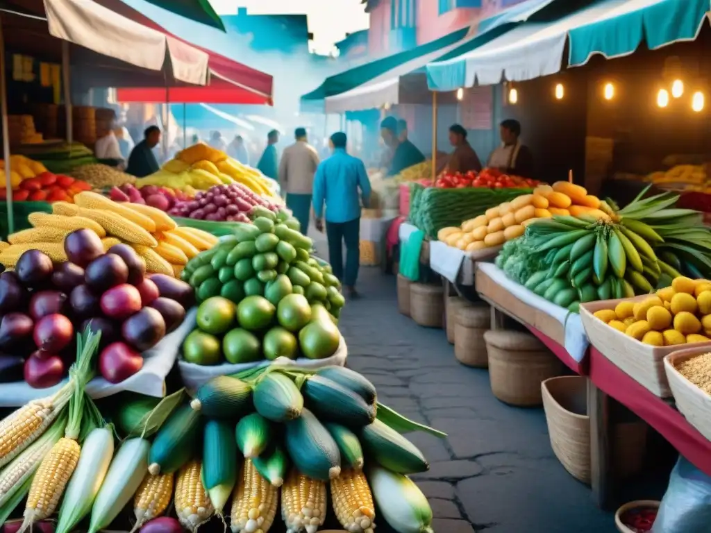 Un bullicioso mercado latinoamericano rebosante de colores con ingredientes sin gluten como maíz, quinua y plátanos