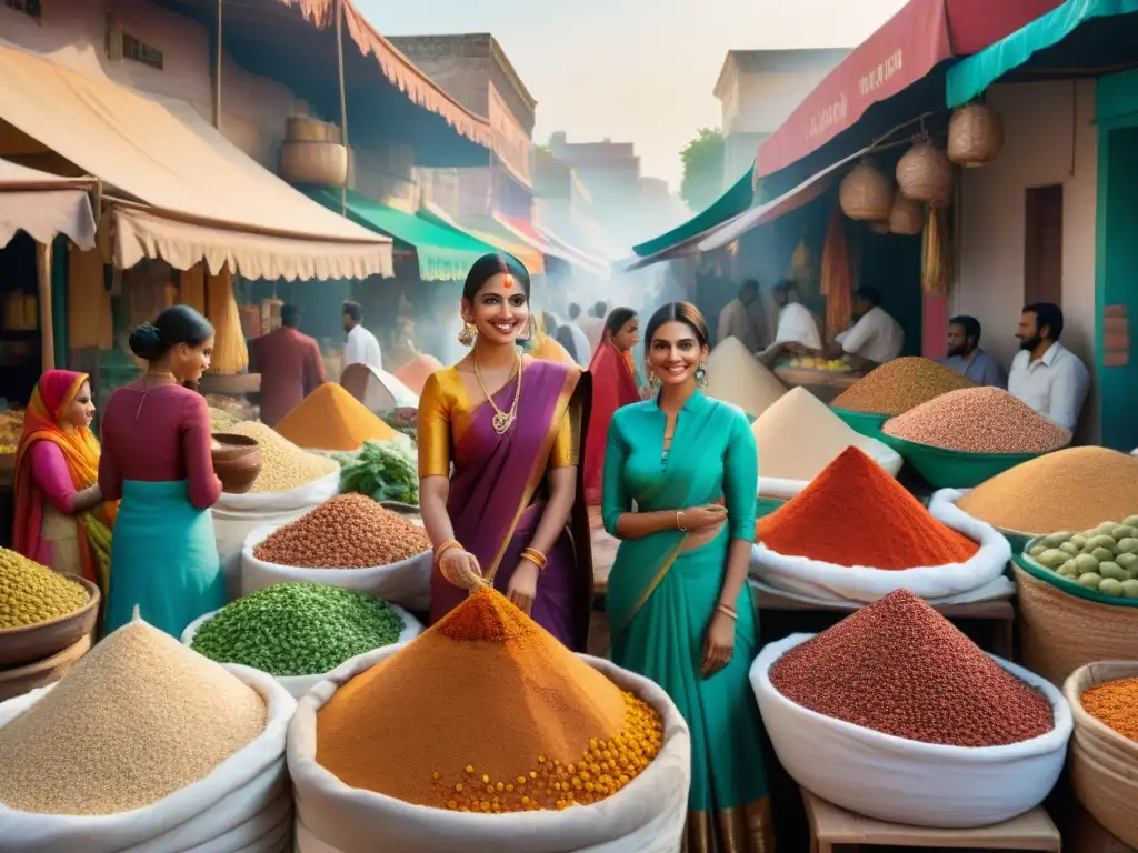 Un bullicioso mercado hindú lleno de colores y aromas, donde se venden especias, productos frescos y ingredientes sin gluten