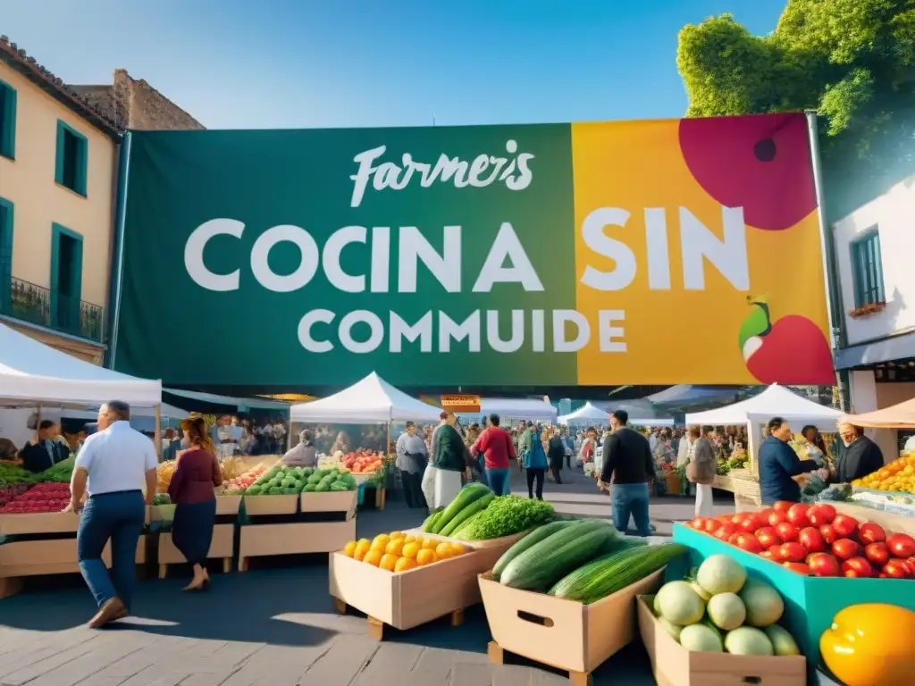 Un bullicioso mercado agrícola lleno de coloridas paradas con productos frescos y sin gluten, gente feliz comprando