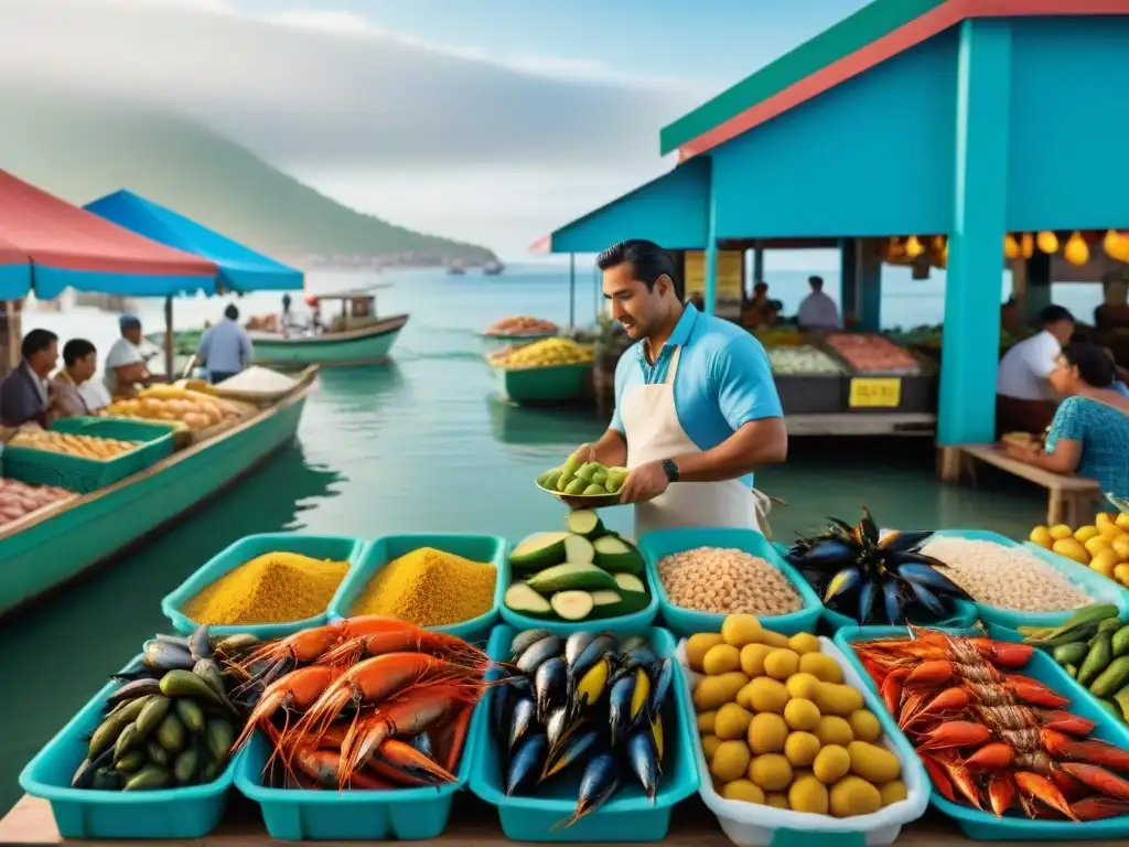 Un bullicioso mercado de mariscos latino con ingredientes frescos y coloridos