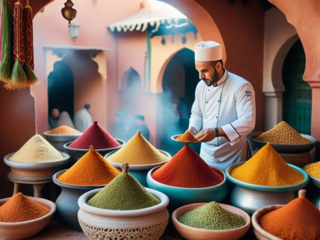 Un bullicioso mercado marroquí con especias coloridas y un chef preparando un tajine de pollo sin gluten