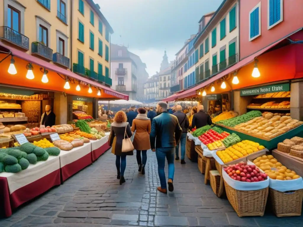 Un bullicioso mercado en Gijón con los mejores restaurantes sin gluten, mostrando colores vibrantes y productos frescos