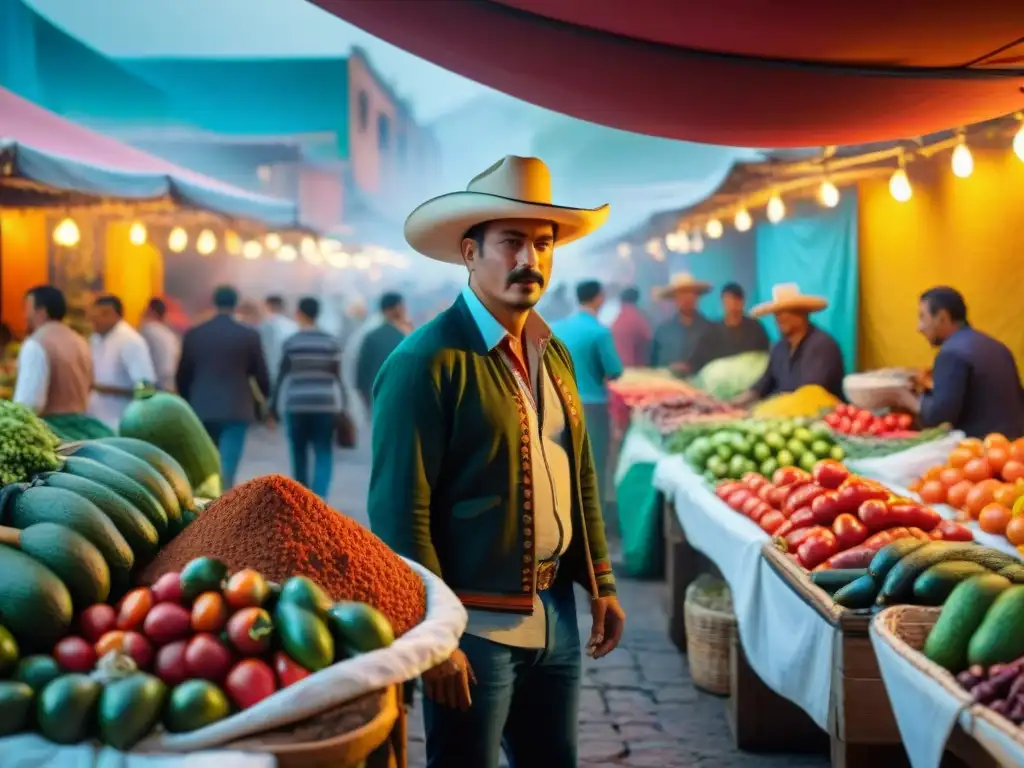 Un bullicioso mercado mexicano con productos frescos y coloridos, música de mariachi y aromas tentadores