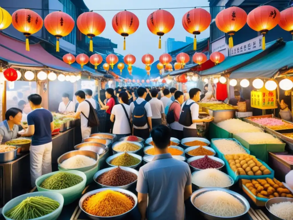 Un bullicioso mercado nocturno en Taiwan, iluminado por linternas y luces de neón, con puestos de comida ofreciendo platos asiáticos tradicionales sin gluten