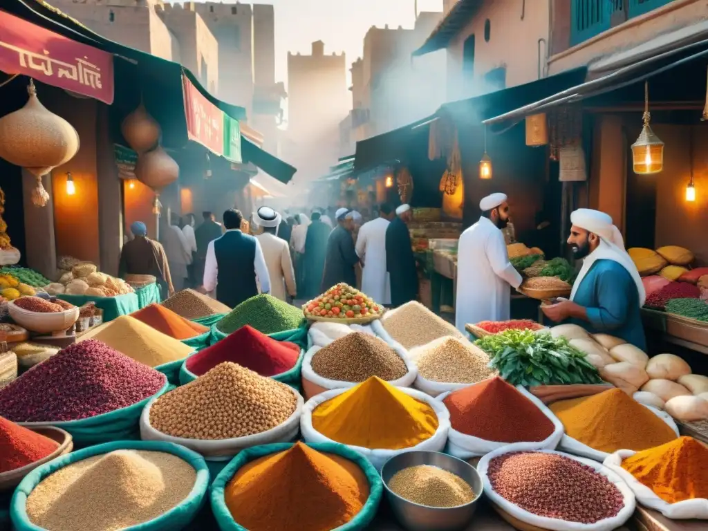 Un bullicioso mercado oriental con cocina sin gluten en Oriente, lleno de especias, frutas exóticas y granos variados