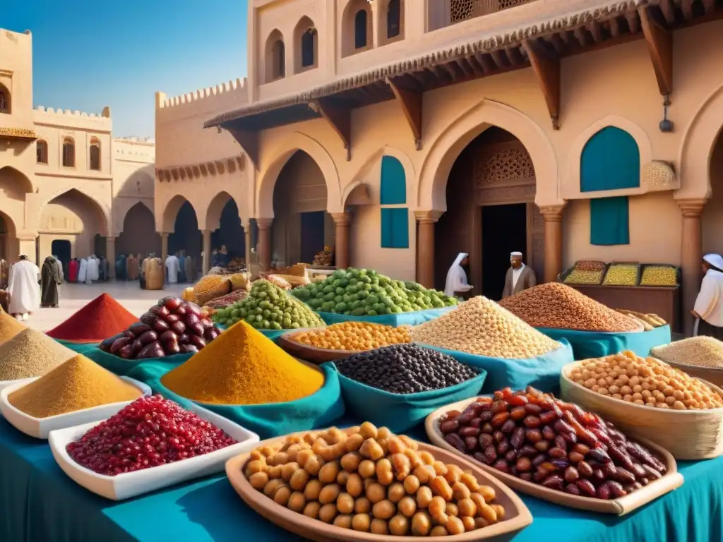 Un bullicioso mercado en Oriente Medio con ingredientes sin gluten vibrantes y exóticos, reflejo de la rica herencia culinaria de la región