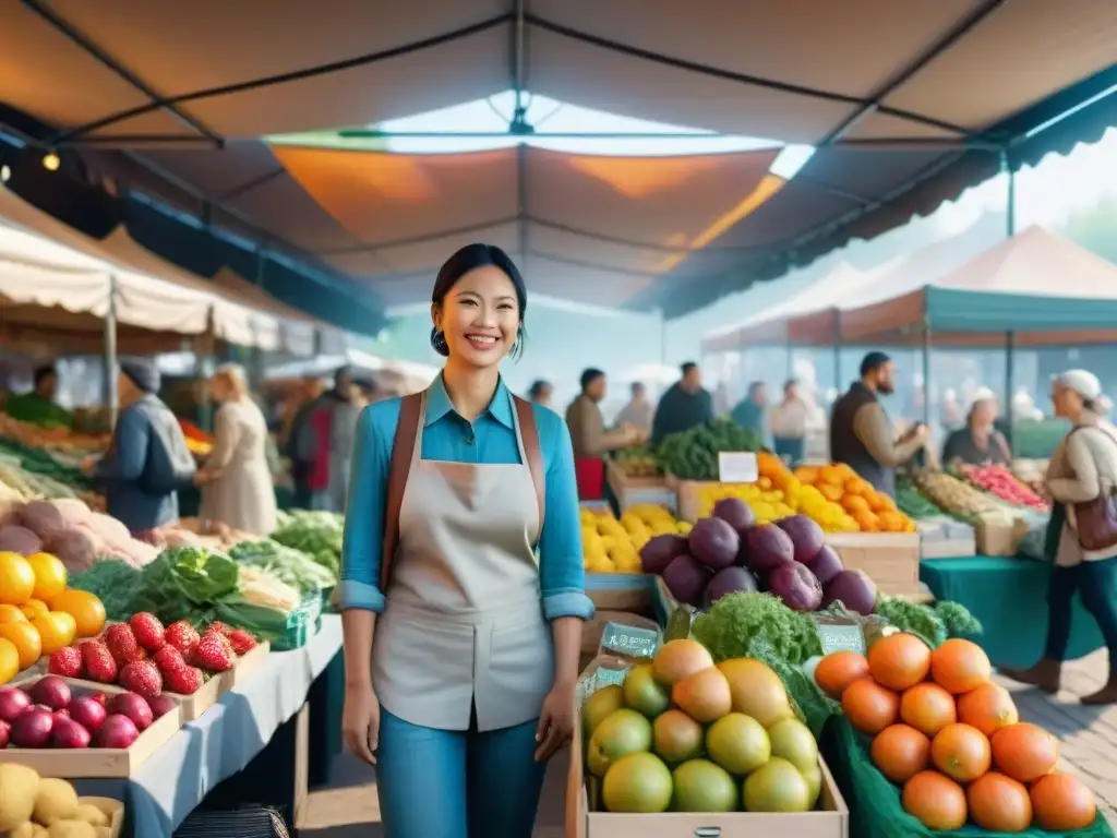 Un bullicioso mercado agrícola con productos frescos y sin gluten, clientes felices y sol cálido