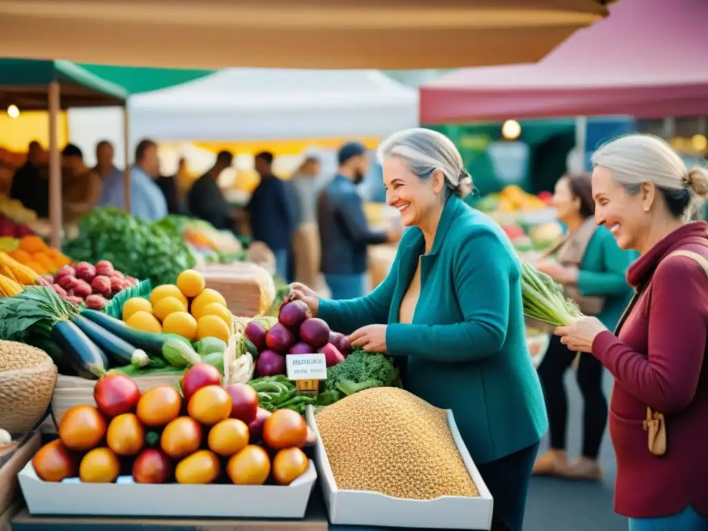 Un bullicioso mercado con productos frescos y coloridos, donde personas de diversas edades y orígenes disfrutan de la variedad