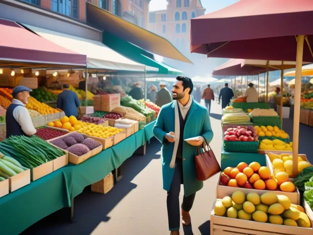 Un bullicioso mercado con variedad alimentaria sin gluten, rebosante de colores y vitalidad