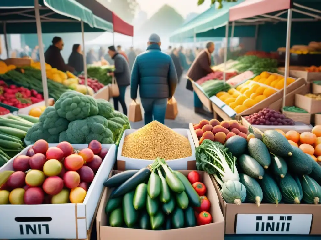 Un bullicioso mercado agrícola con variedad de productos sin gluten