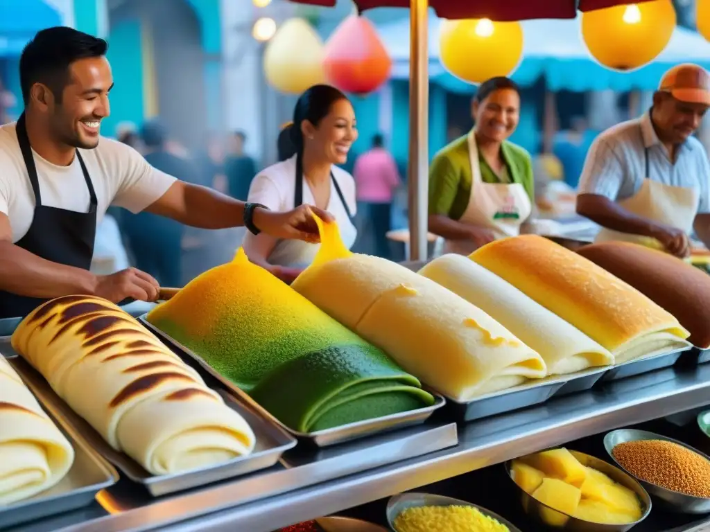 Un bullicioso mercado en Brasil con vibrantes panqueques de tapioca siendo preparados por vendedores ambulantes