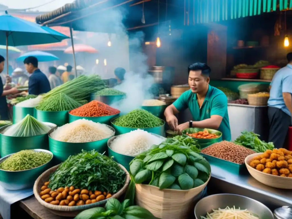 Un bullicioso mercado vietnamita con hierbas frescas, rollitos de primavera sin gluten y sabrosas opciones de mariscos y cerdo