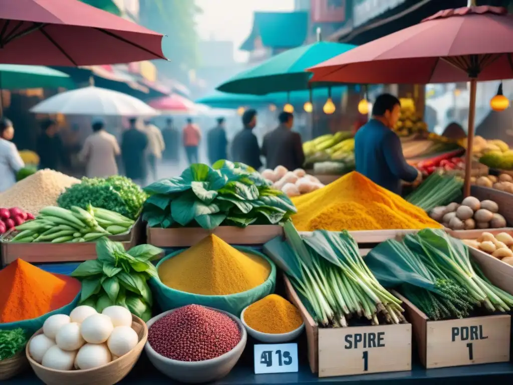 Un bullicioso puesto de mercado asiático con ingredientes frescos y coloridos para recetas sin gluten asiáticas adaptadas