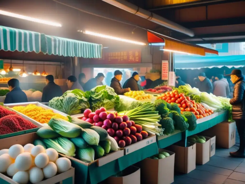 Un bullicioso puesto de mercado coreano rebosante de ingredientes frescos para receta kimchi sin gluten, con diversidad multicultural