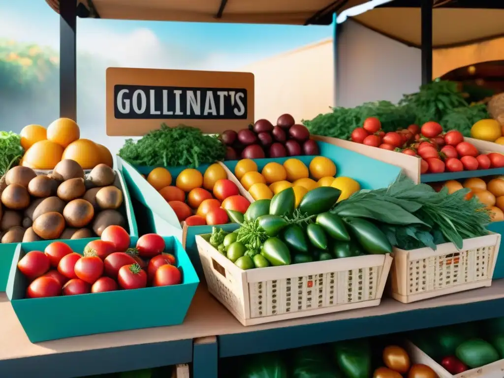 Un bullicioso puesto de mercado con productos orgánicos sin gluten beneficios, rebosante de colores y frescura, bañado por la cálida luz del sol