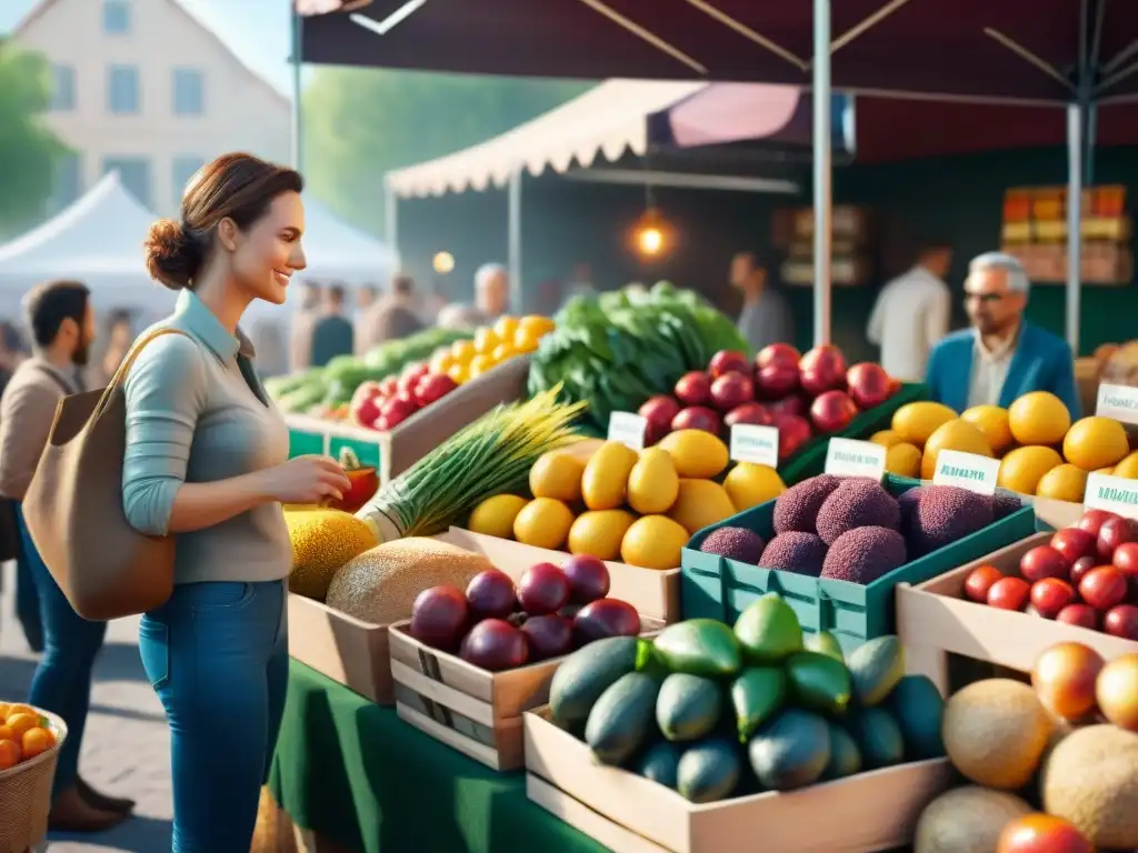 Un bullicioso puesto de mercado con productos orgánicos sin gluten sostenibles en una escena vibrante y colorida